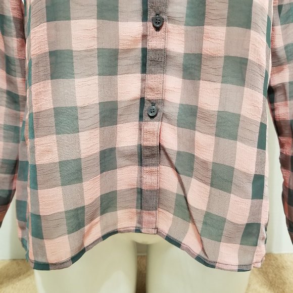Faded Glory top Small 4/6 plaid sheer hi low chiffon button up down pocket check - Picture 7 of 16
